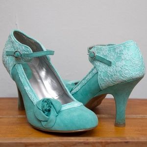 Ruby Shoo Faux Suede Turquoise Retro Heel Pumps